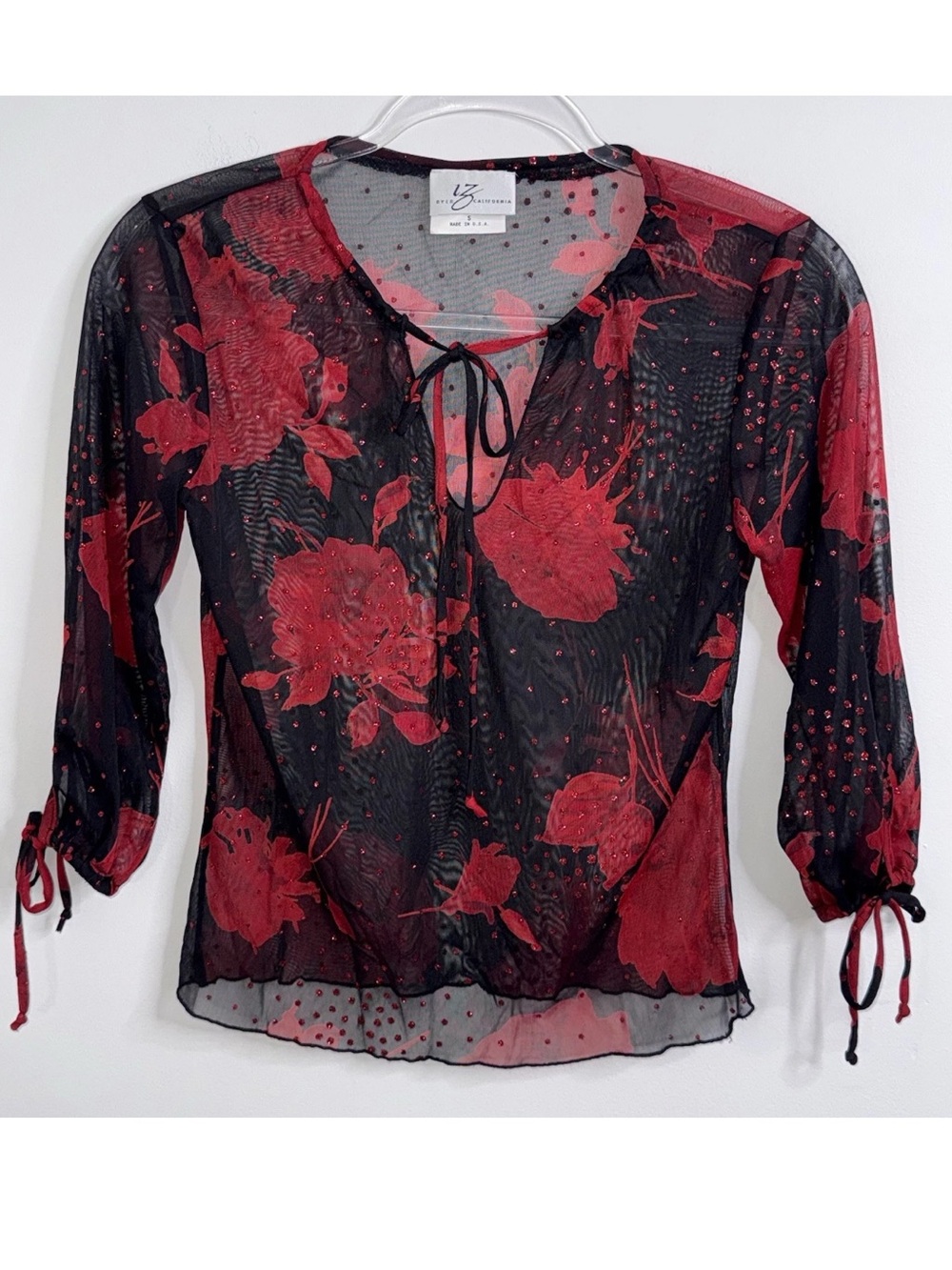 Iz Byer Women's Sz S Black Sheer Floral Glitter Blouse Top Y2k 2000's Whimsigoth